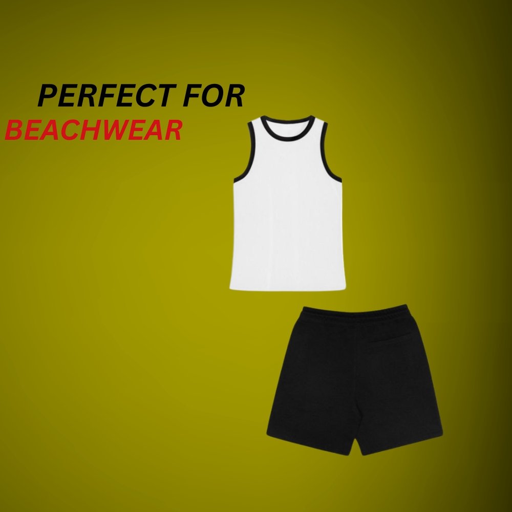 Top Trending Sleeveless T-Shirts That Redefine Comfort 13 Sleeveless white-and-black beachwear outfit with a white tank top and black shorts on a yellow background.