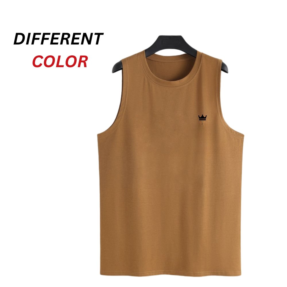 Top Trending Sleeveless T-Shirts That Redefine Comfort 9 Sleeveless mustard-brown T-shirt with a small black crown logo on the front.