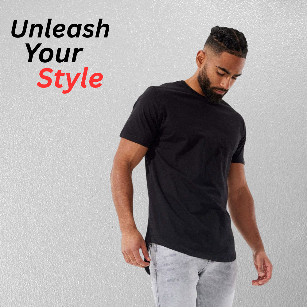 Casual Drop Cut Tee – Lightweight & Stylish Everyday Wear 15 Casual drop cut tee on a model in black, paired with light gray pants, shown against a textured background with “Unleash Your Style.”