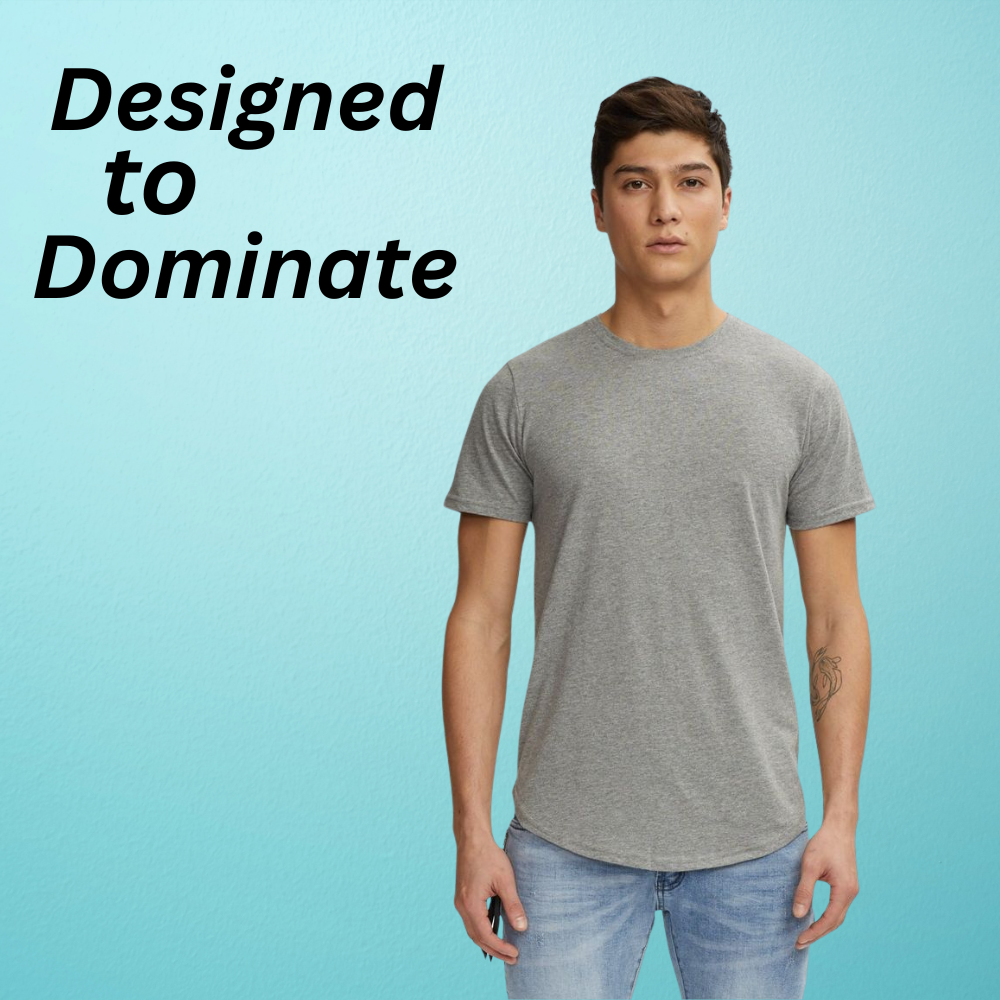 Casual Drop Cut Tee – Lightweight & Stylish Everyday Wear 16 Casual drop cut tee on a model in heather gray, paired with light blue jeans against a clean blue background, designed for lightweight everyday style.