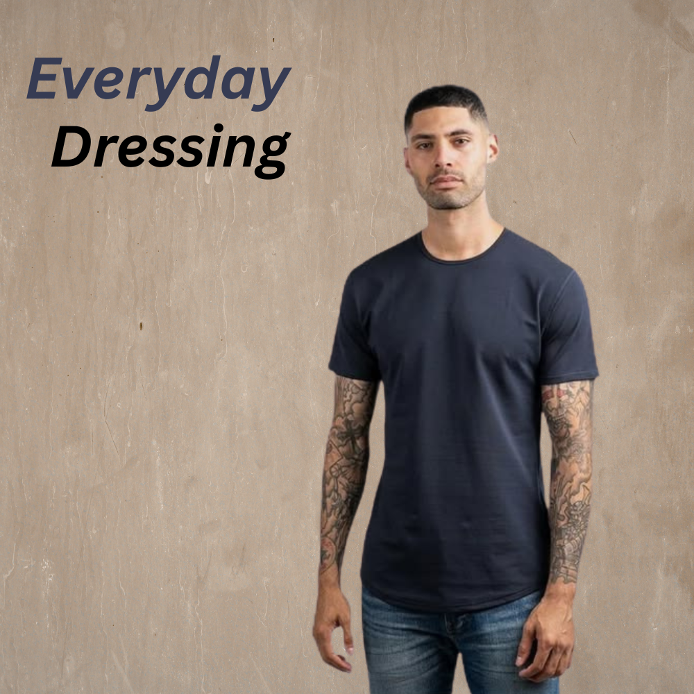 Casual Drop Cut Tee – Lightweight & Stylish Everyday Wear 9 Model wearing a casual Drop Cut Tee in a lightweight, stylish everyday style.