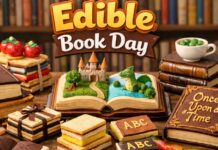 Edible Book Day: Celebrate Creativity with Literary Food Art Edible Book Day banner featuring a colorful open book scene, stacks of books and pastries, the text “Edible Book Day,” and the phrase “Once Upon a Time.”