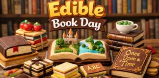 Edible Book Day: Celebrate Creativity with Literary Food Art Edible Book Day banner featuring a colorful open book scene, stacks of books and pastries, the text “Edible Book Day,” and the phrase “Once Upon a Time.”