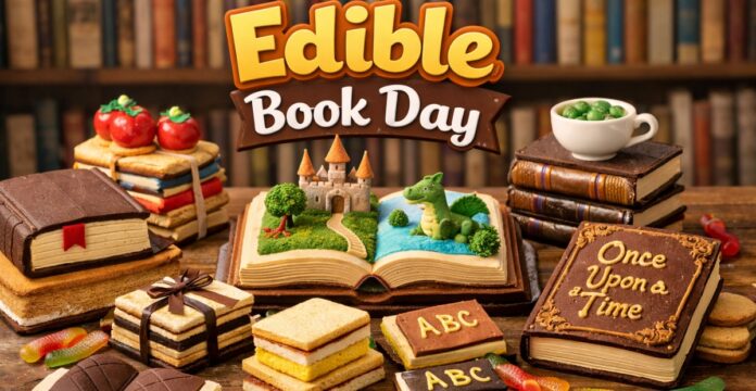 Edible Book Day banner featuring a colorful open book scene, stacks of books and pastries, the text “Edible Book Day,” and the phrase “Once Upon a Time.”