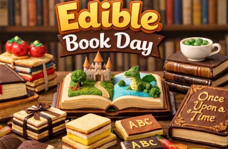 Edible Book Day banner featuring a colorful open book scene, stacks of books and pastries, the text “Edible Book Day,” and the phrase “Once Upon a Time.”