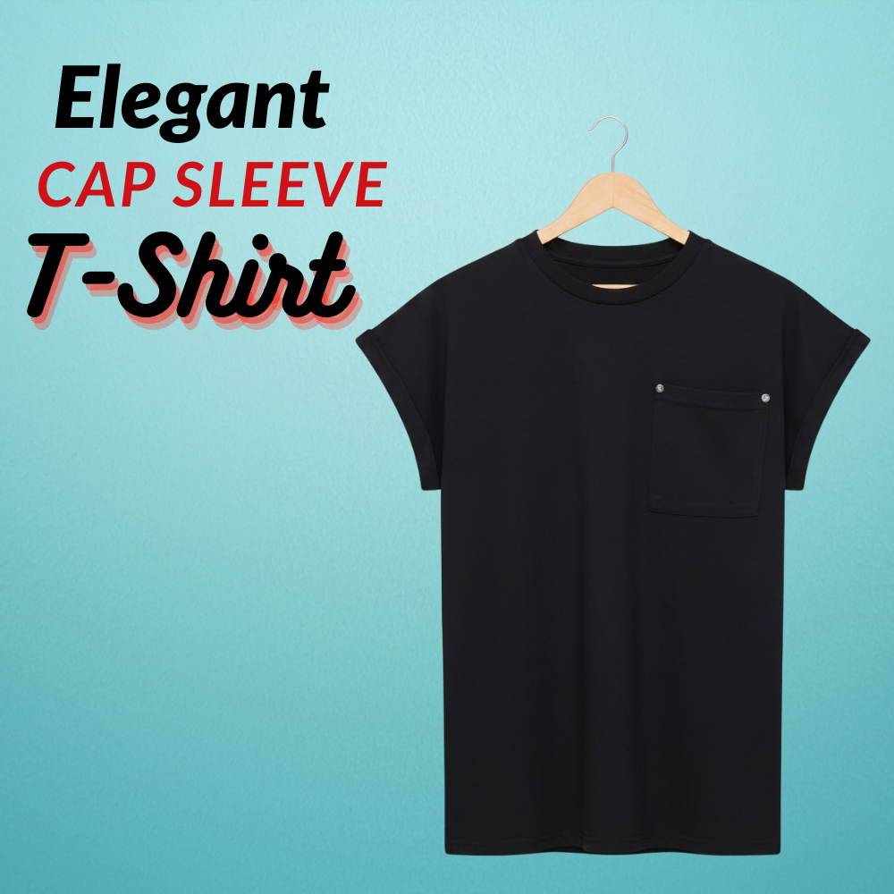 Elegant Cap Sleeve T-Shirt in black with a small chest pocket, displayed on a wooden hanger.