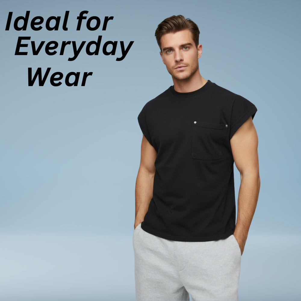 Elegant cap sleeve t-shirt in black with a small chest pocket, shown on a model against a light blue background.