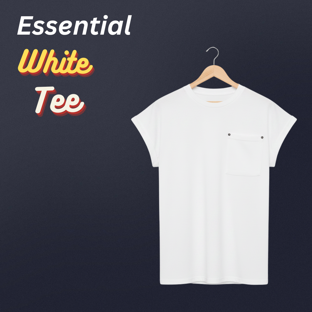Elegant cap sleeve t-shirt in white with a small chest pocket, shown on a model against a dark background.