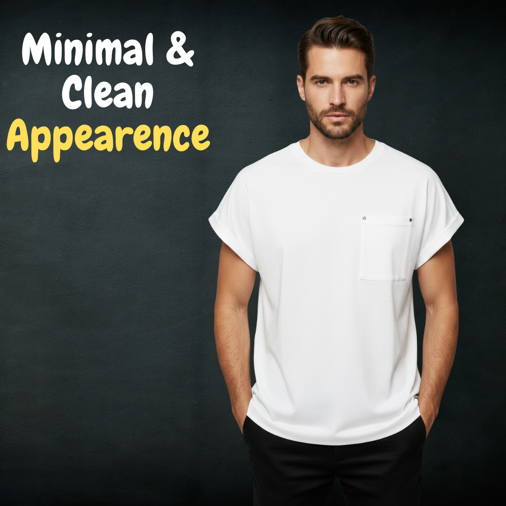 Elegant cap sleeve t-shirt in white with a small chest pocket, shown on a model against a dark minimalist background.