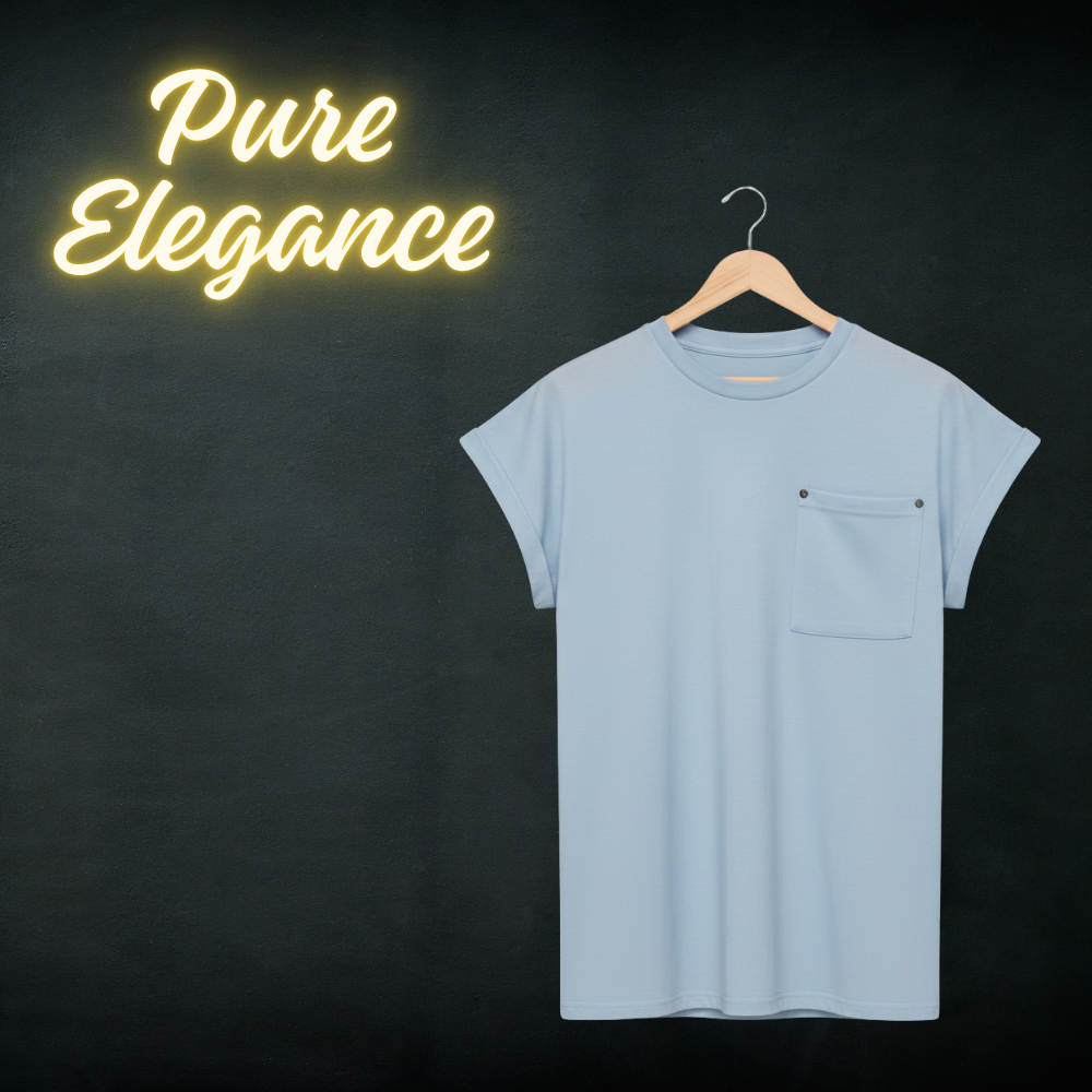 Elegant cap sleeve t-shirt in light blue with a small chest pocket, shown on a wooden hanger against a dark minimalist background.