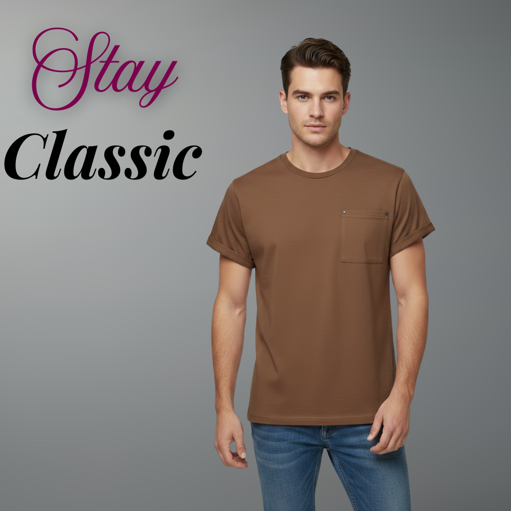 Model wearing the Elegant cap sleeve t-shirt in a warm brown color with a small chest pocket, standing against a clean light gray background with the words “6ftly Classic” in the corner.
