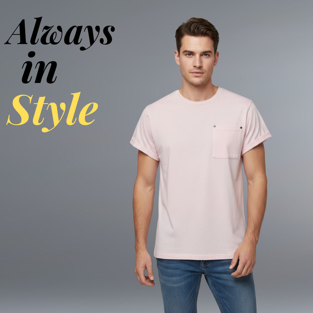 Model wearing the Elegant cap sleeve t-shirt in a soft pale pink color with a small chest pocket, shown against a clean light gray background with “6ftly Classic” in the corner.