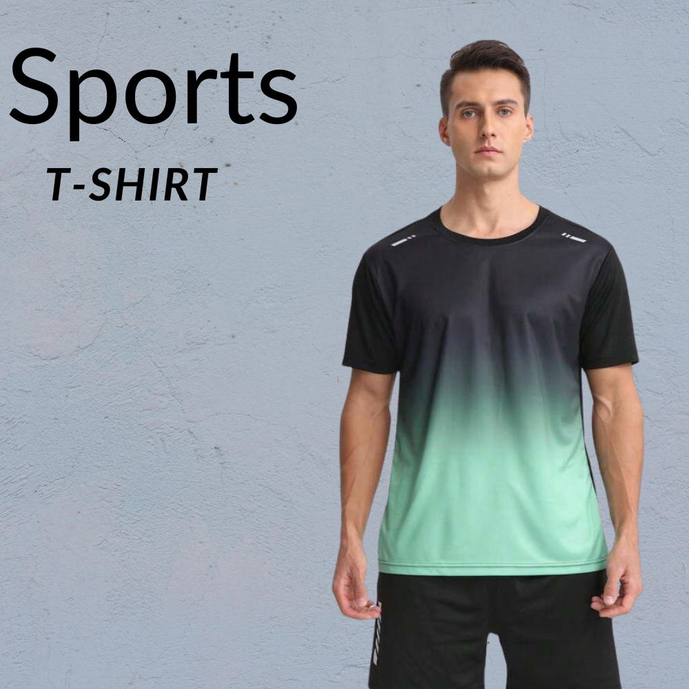 Men’s Sports T-Shirt in breathable moisture-wicking activewear fabric with a gradient design, paired with black athletic shorts.