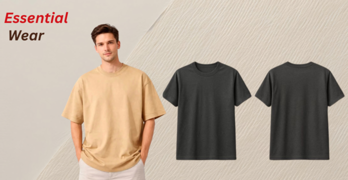 Essential smart casual t-shirt in premium fabric—model wearing a tan tee, with matching charcoal and dark grey options shown.