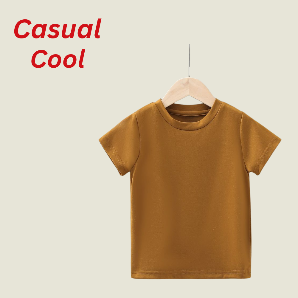 Kids T-Shirts – Comfortable, Stylish & Durable Tees for Everyday Wear 9 Kids T-Shirts mustard-brown T-shirt on a wooden hanger—comfortable, stylish, and durable everyday wear.
