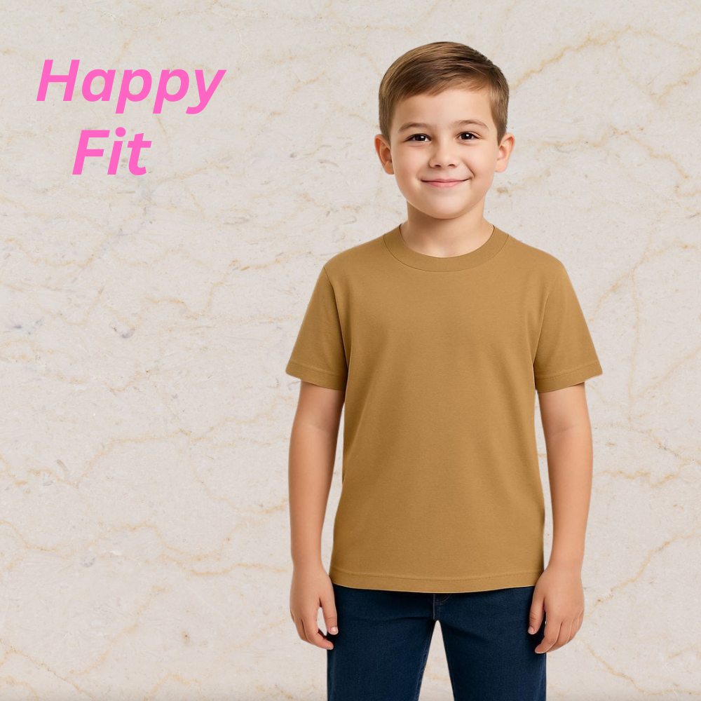 Kids T-Shirts – Comfortable, Stylish & Durable Tees for Everyday Wear 10 Kids mustard-brown T-shirt on a model—comfortable, stylish, and durable everyday wear.