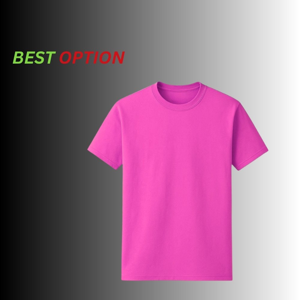  Comfort fit pink T-shirt shown from the front with short sleeves and a crew neck.