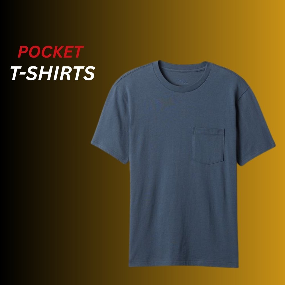 Blue pocket T-shirt with a crew neck and short sleeves, featuring a small rectangular chest pocket on the left, shown against a plain background.