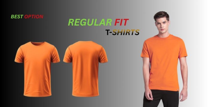 Comfort fit men’s T-shirt in orange with regular fit sizing shown against a gray background.