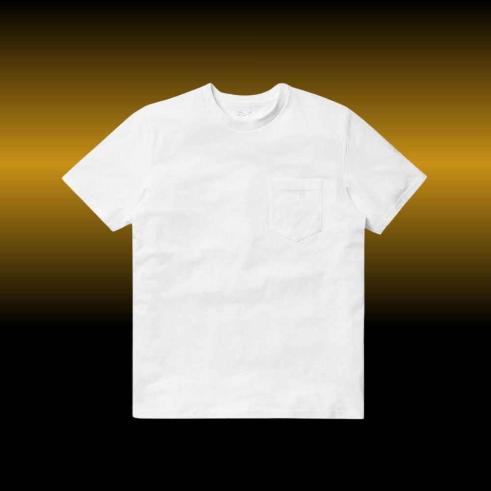 White pocket T-shirt with a crew neck and short sleeves, featuring a small left chest pocket, shown on a dark and gold gradient background.