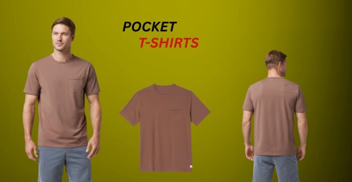 Model wearing a brown pocket T-shirt shown front and back against a green background.
