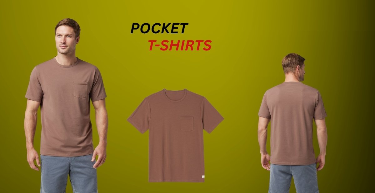 Pocket T-Shirts – Simple, Stylish and Always Comfortable Model wearing a brown pocket T-shirt shown front and back against a green background.