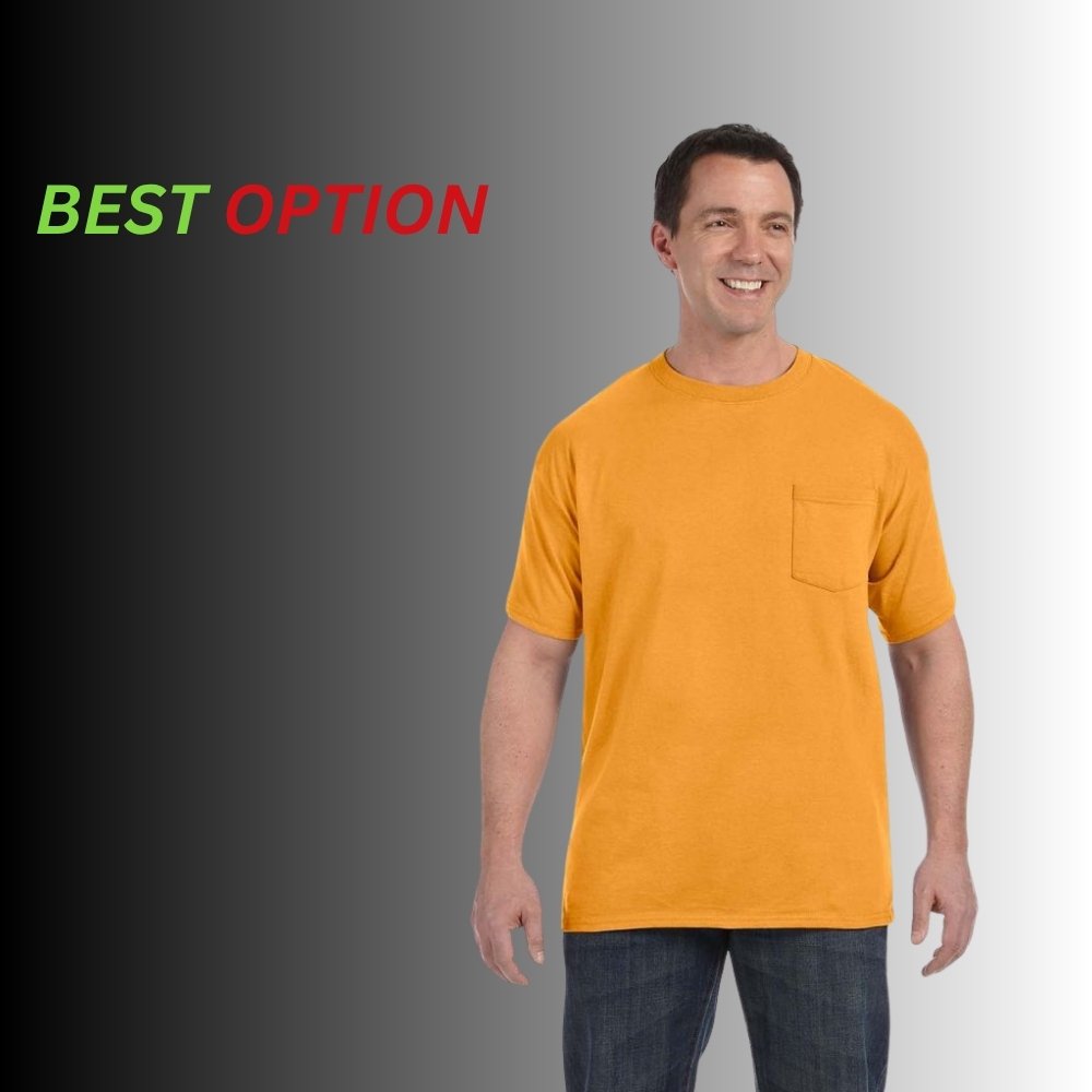 Man wearing an orange Pocket T-Shirts standing against a gray background with the text “BEST OPTION” in the top left.