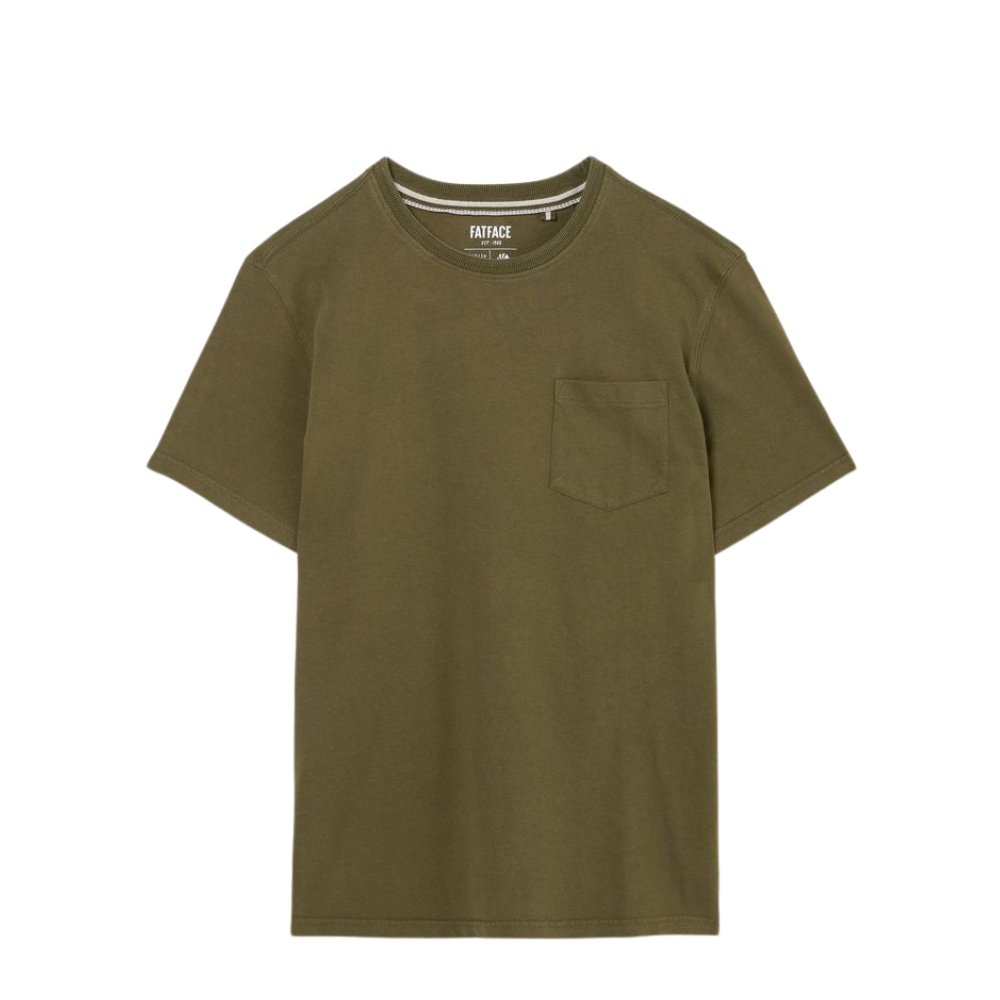 Olive green pocket T-shirt with a crew neck and a small chest pocket on the left side, shown on a plain white background.