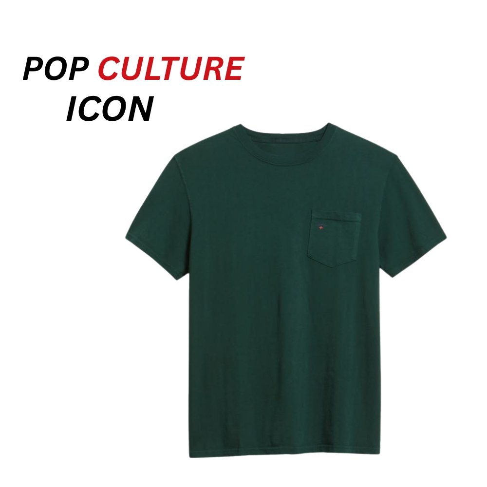 Pocket tee shirt image on a plain white background, featuring a dark green/olive crew-neck T-shirt with a small chest pocket on the left side.