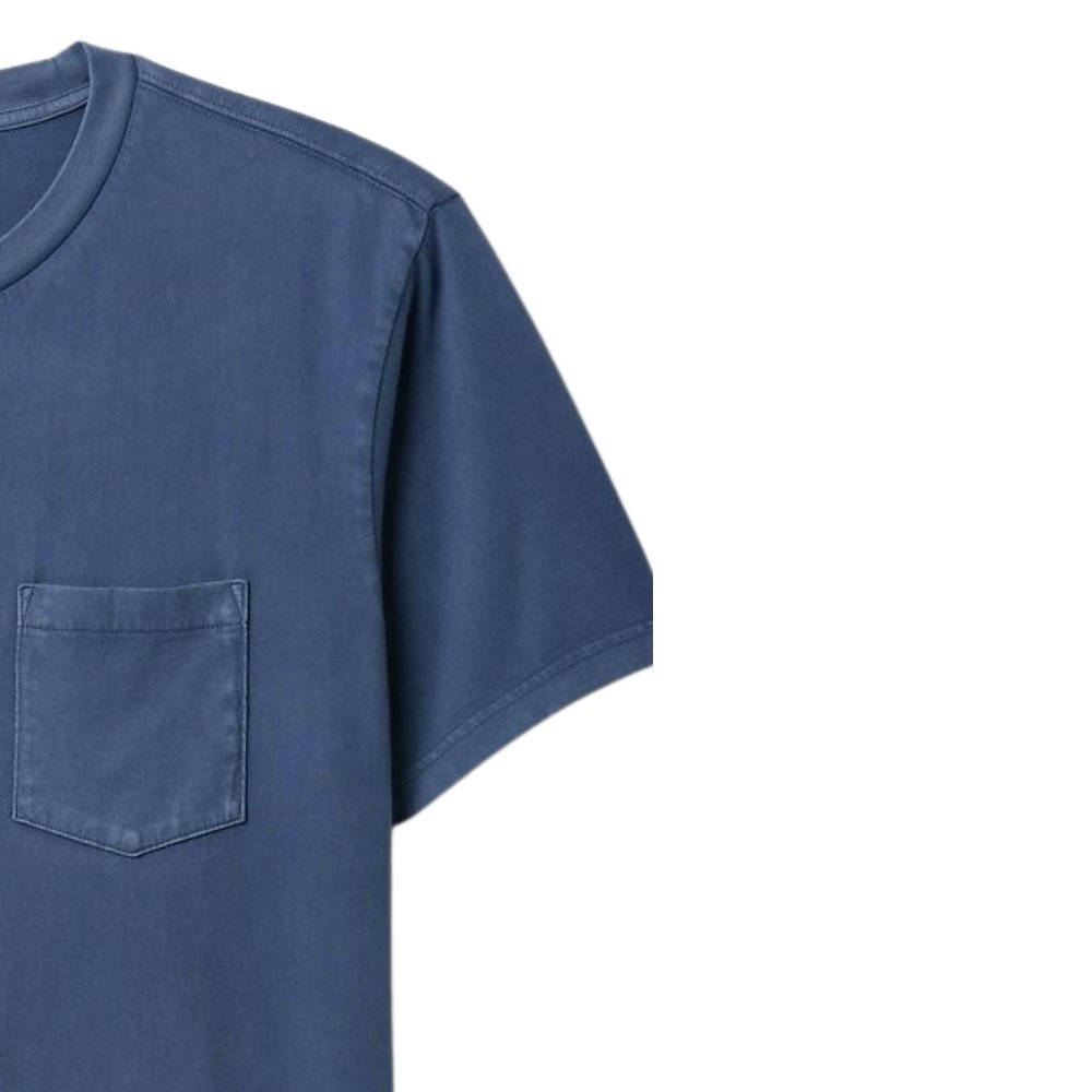 Pocket tee shirt image showing a navy/blue short-sleeve crew-neck T-shirt with a small chest pocket on the left side, photographed against a plain white background.