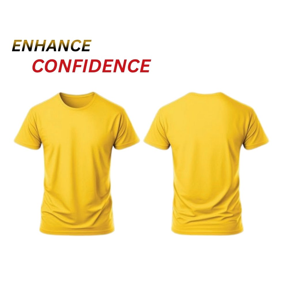 Comfort fit yellow T-shirt shown from front and back with short sleeves and crew neck.