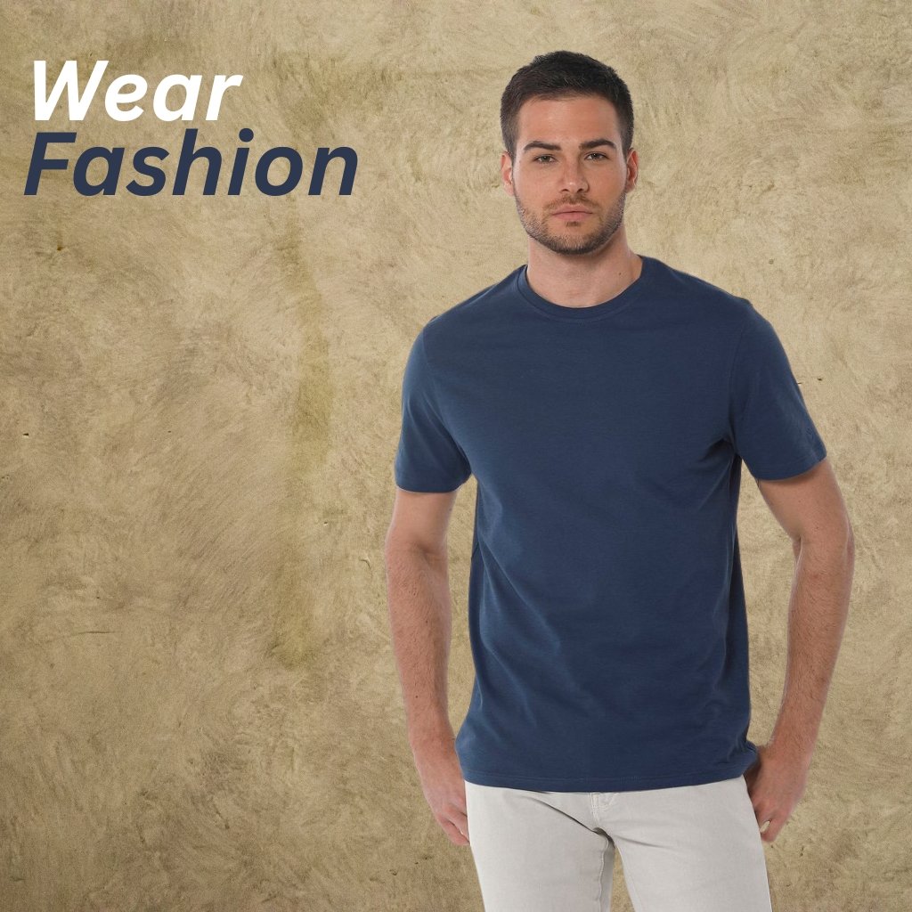 Model wearing a navy regular fit crew-neck T-shirt on a textured background with the text ‘Wear Fashion’ in the top left.”