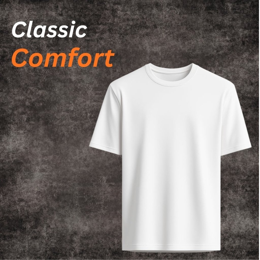 Regular fit white T-shirt on a dark textured background with the text “Classic Comfort.”