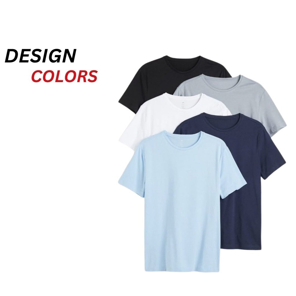 Regular fit T-shirts in multiple colors (black, white, light blue, and navy) stacked on a clean white background, showcasing classic crew-neck everyday style.