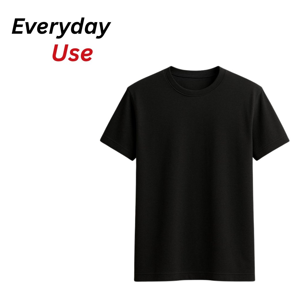 Black regular fit crew-neck T-shirt on a white background with the text “Everyday Use” in the upper left.