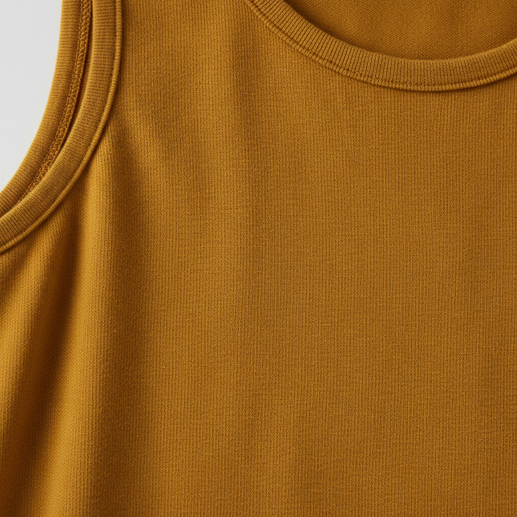 Top Trending Sleeveless T-Shirts That Redefine Comfort 10 Close-up of a mustard-brown sleeveless T-shirt fabric with ribbed neckline.