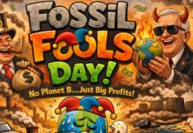 Fossil Fools Day: Challenge Fossil Fuels & Clean Energy Fossil Fools Day banner showing two smiling men in industrial landscapes with a large globe, smoke and pollution in the background, money flying around, the text ‘Fossil Fools Day!’ and the slogans ‘No Planet B...Just Big Profits!’ and ‘Climate Hoax Fossil Fools Day