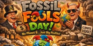 Fossil Fools Day: Challenge Fossil Fuels & Clean Energy Fossil Fools Day banner showing two smiling men in industrial landscapes with a large globe, smoke and pollution in the background, money flying around, the text ‘Fossil Fools Day!’ and the slogans ‘No Planet B...Just Big Profits!’ and ‘Climate Hoax Fossil Fools Day