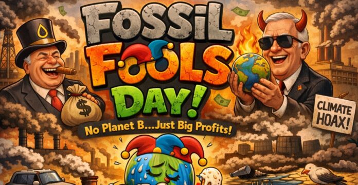 Fossil Fools Day banner showing two smiling men in industrial landscapes with a large globe, smoke and pollution in the background, money flying around, the text ‘Fossil Fools Day!’ and the slogans ‘No Planet B...Just Big Profits!’ and ‘Climate Hoax Fossil Fools Day