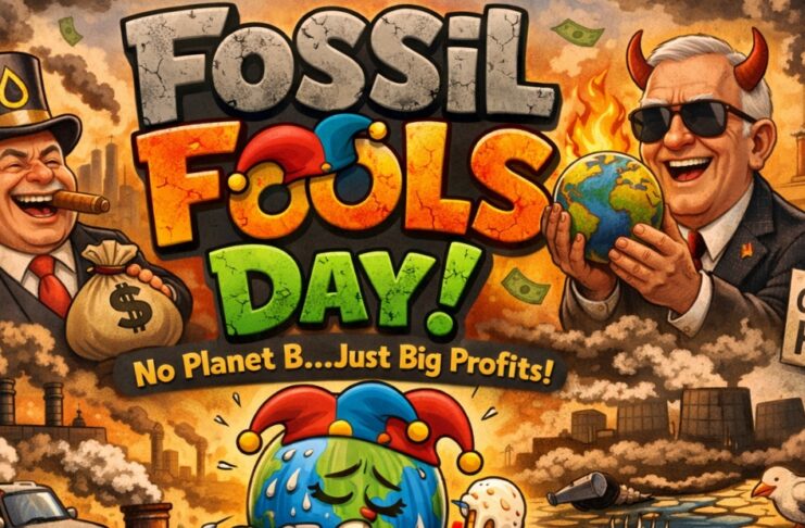 Fossil Fools Day banner showing two smiling men in industrial landscapes with a large globe, smoke and pollution in the background, money flying around, the text ‘Fossil Fools Day!’ and the slogans ‘No Planet B...Just Big Profits!’ and ‘Climate Hoax Fossil Fools Day