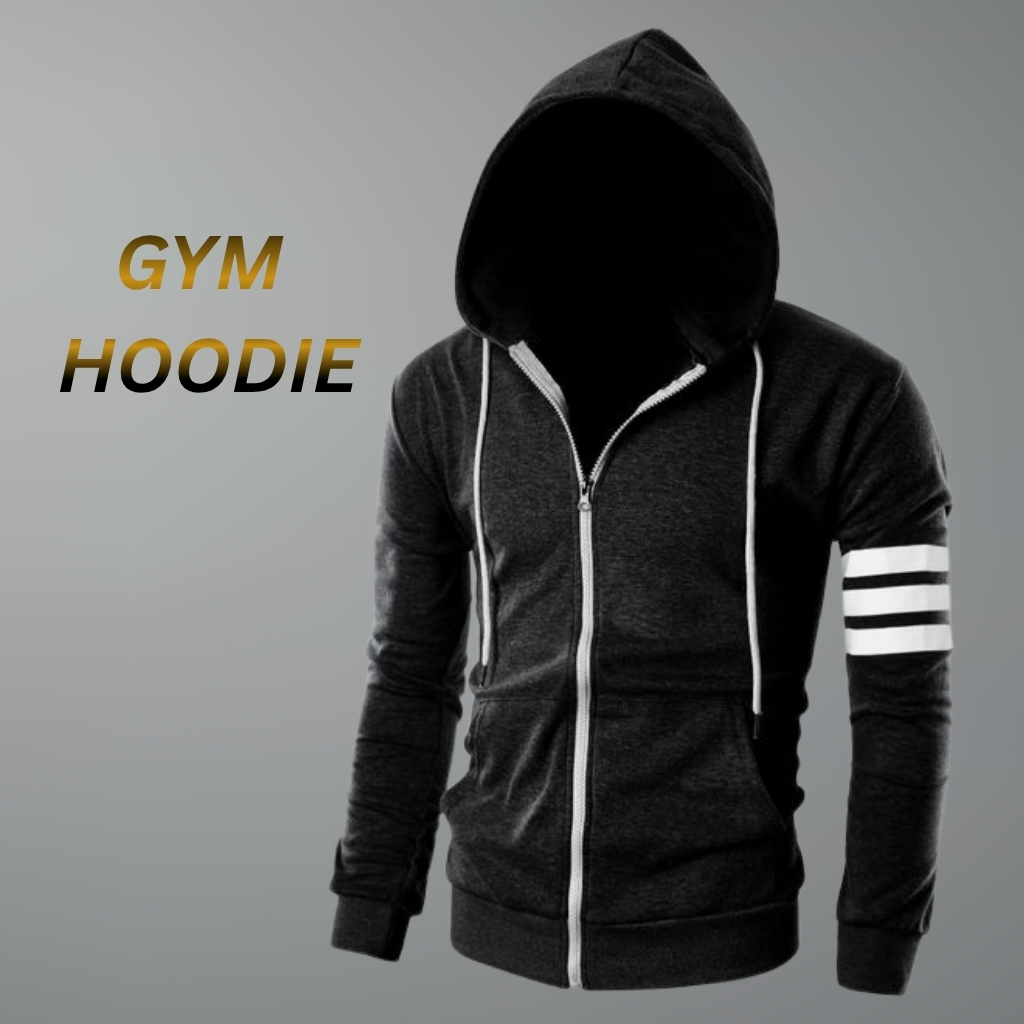 Slim fit zip-up gym hoodie in dark gray/black with a hood and white drawstrings.