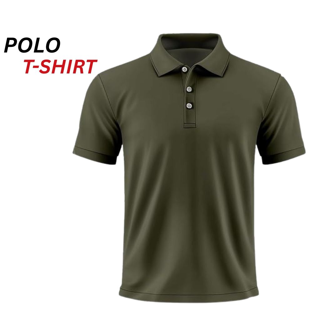 Classic Fit Polo T-Shirt – Relaxed Comfort with Timeless Style 11 Olive green polo T-shirt with a buttoned collar and short sleeves.