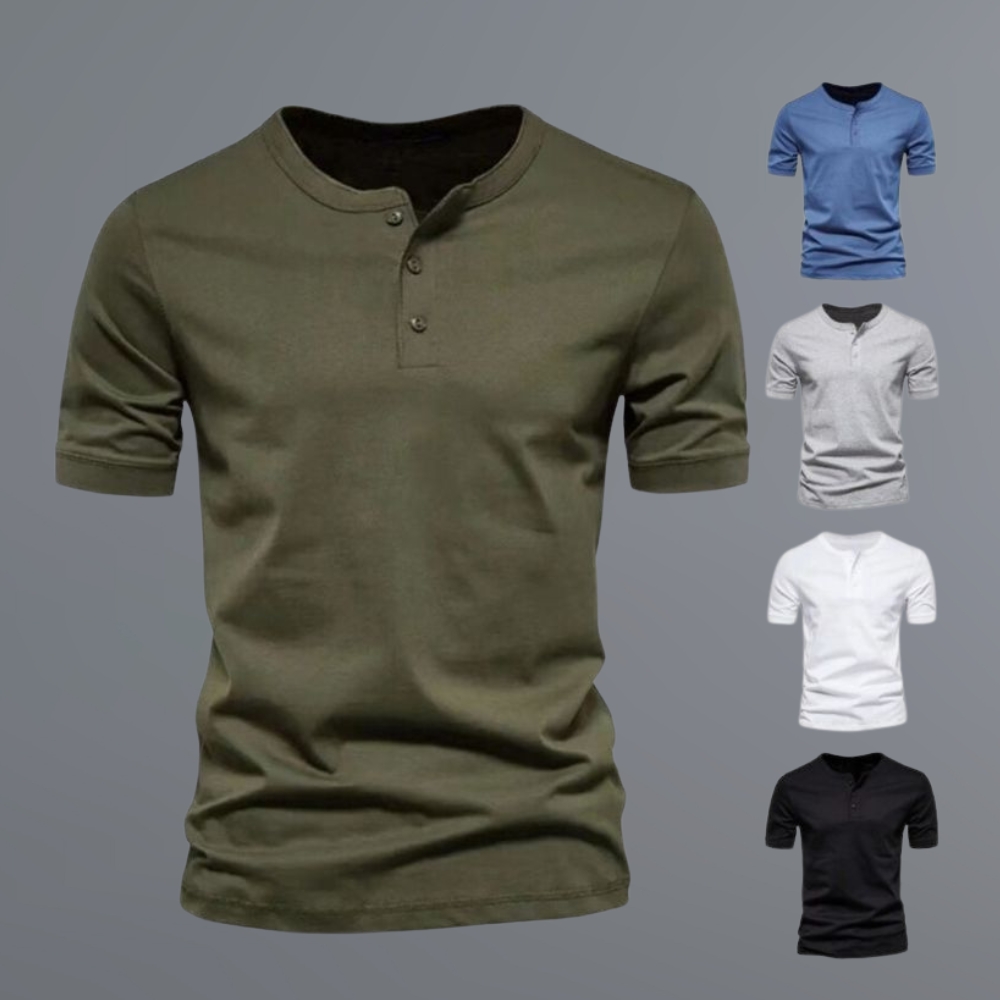 The Ultimate Guide to Henley T-Shirts: Timeless Style and Comfort 13 Men’s olive green Henley T-Shirt with a short button placket, short sleeves, and a stand collar.