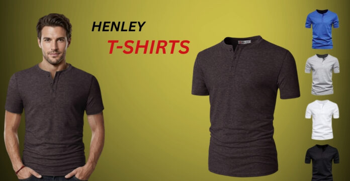 Model wearing a dark Henley T-Shirts, with product options shown on the right on a yellow background.