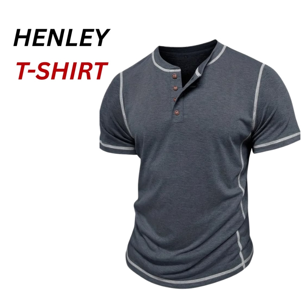 The Ultimate Guide to Henley T-Shirts: Timeless Style and Comfort 9 Mens Henley T-Shirt in dark gray with short sleeves, buttoned neckline, and contrast trim.