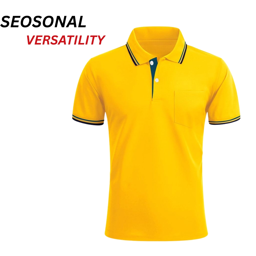 Classic Fit Polo T-Shirt – Relaxed Comfort with Timeless Style 12 Yellow polo T-shirt with a buttoned placket, short sleeves, and a striped collar.