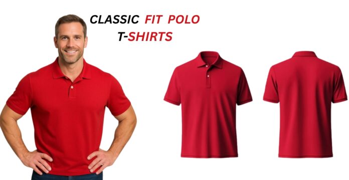 Classic fit red polo T-shirt front and back view on a model, with collar and button placket.