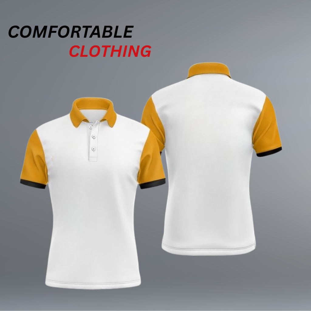 Classic Fit Polo T-Shirt – Relaxed Comfort with Timeless Style 16 Men’s white polo T-shirt with mustard-yellow collar and sleeve trim, featuring a button placket.