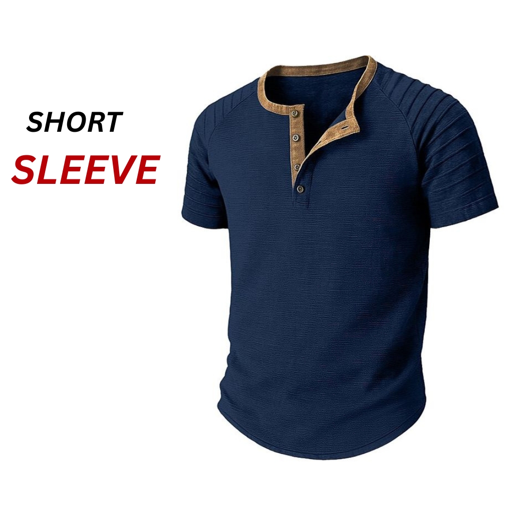 The Ultimate Guide to Henley T-Shirts: Timeless Style and Comfort 11 Mens navy henley t-shirt with a short button placket, short sleeves, and a contrast trim neckline.