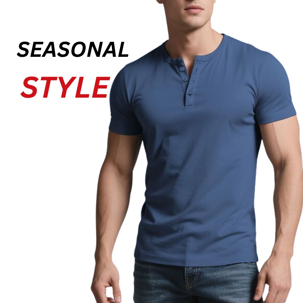 The Ultimate Guide to Henley T-Shirts: Timeless Style and Comfort 10 : Mens henley t-shirt in navy blue with a short button placket and short sleeves.